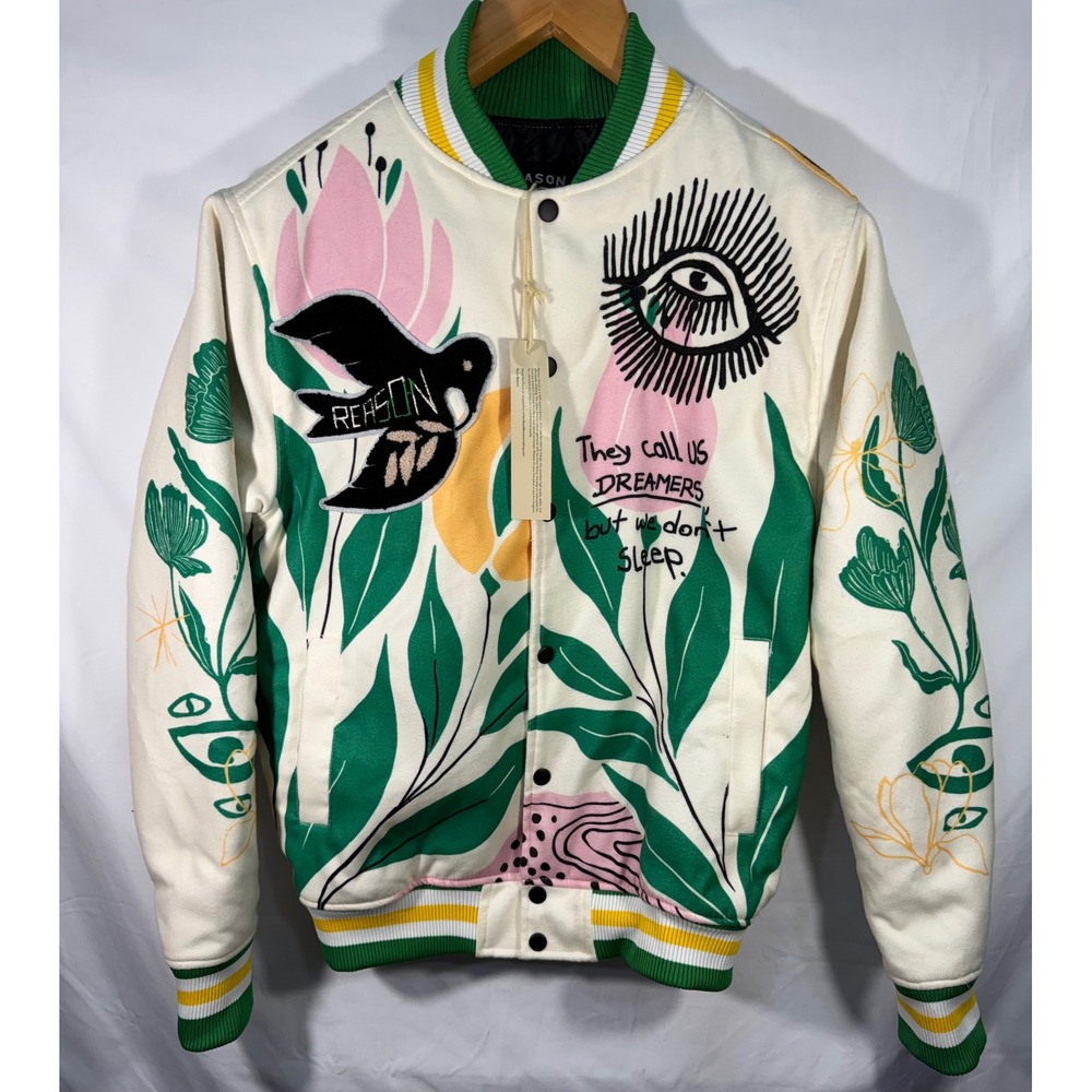 Reason Brand Dreamers Varsity Jacket Cream Green Floral Embroidered S Y2K